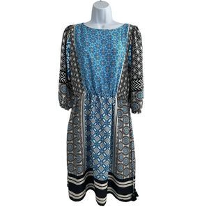 LOFT Blue/Black Ocean Mosaic Print Midi Tassell Dress Small‎